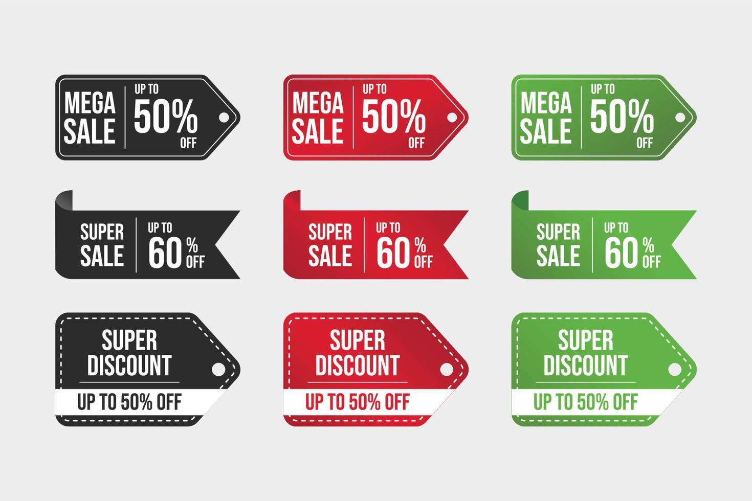 mega sale badge met groene, zwarte en rode kleur. grote verkoop speciale aanbieding tag. super verkoop badge. super kortingsbon vector. verkoop badge set. korting tag collectie. vector