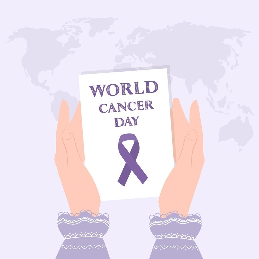 wereld kankerdag, kaart met een paars lint, een symbool van de dag van de strijd tegen kanker, in vrouwelijke handen. vector