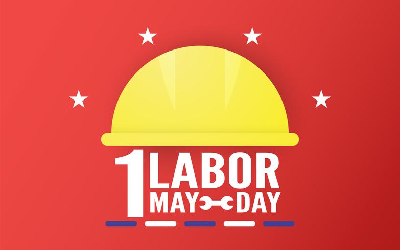 Happy Labor Day op 1 mei van jaren. Sjabloonontwerp voor banner, poster, dekking, advertentie, website. Vector illustratie in papier knippen en ambachtelijke stijl op rode achtergrond.