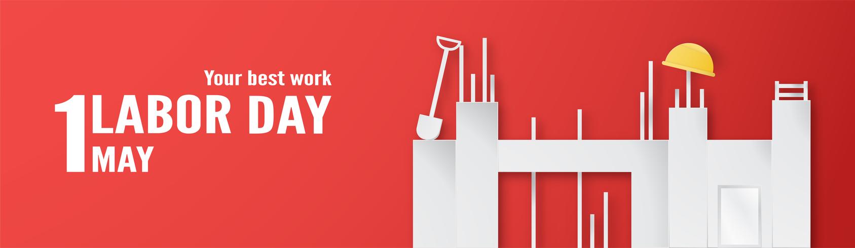 Happy Labor Day op 1 mei van jaren. Sjabloonontwerp voor banner, poster, dekking, advertentie, website. Vector illustratie in papier knippen en ambachtelijke stijl op rode achtergrond.