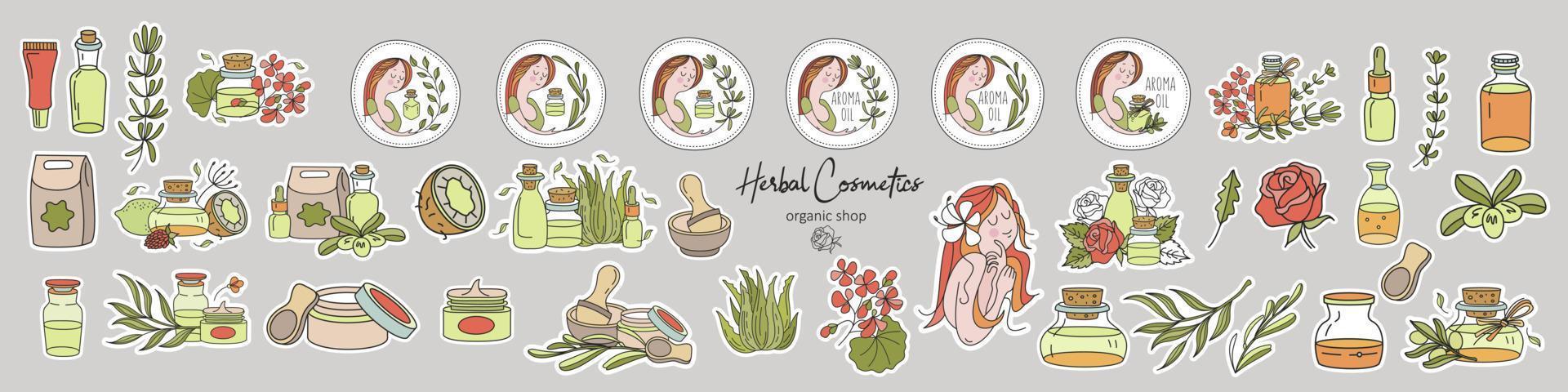 een set stickers natuurlijke cosmetica, natuurlijke apotheekproducten. vector