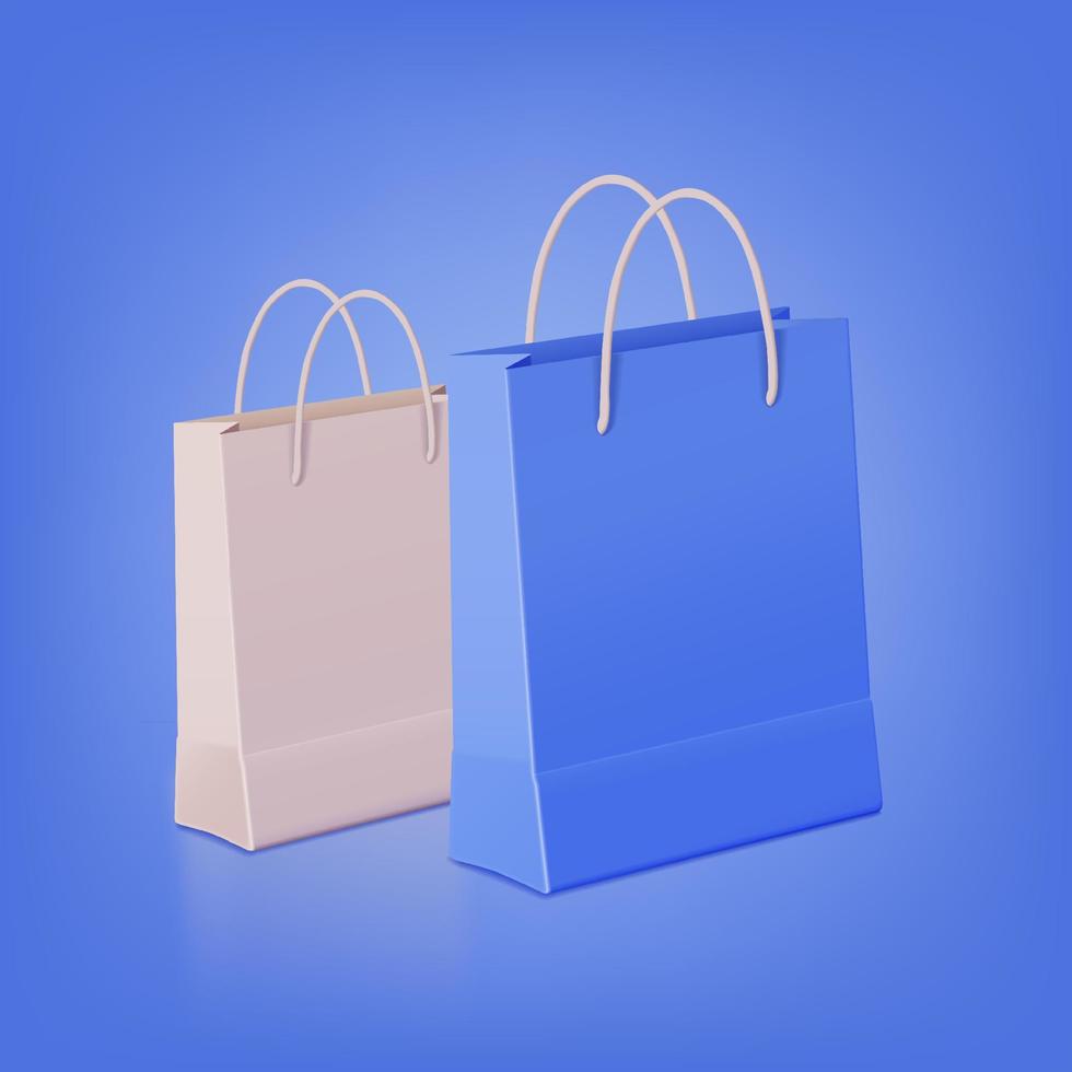 lichtbruine en blauwe boodschappentas, papieren zak voor mock-up op blauwe achtergrond. vector