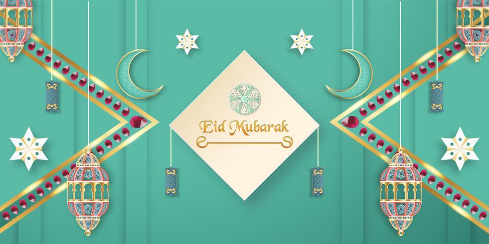 Sjabloon voor Eid Mubarak met groene en gouden kleurtint. 3D-vectorillustratie in papier knippen en ambacht voor islamitische wenskaart, uitnodiging, boekomslag, brochure, webbanner, advertentie. vector