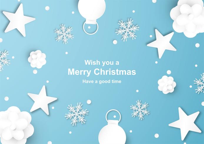 Kerstdecoratie op blauwe achtergrond in papier knippen en ambacht met sneeuwvlok. vector