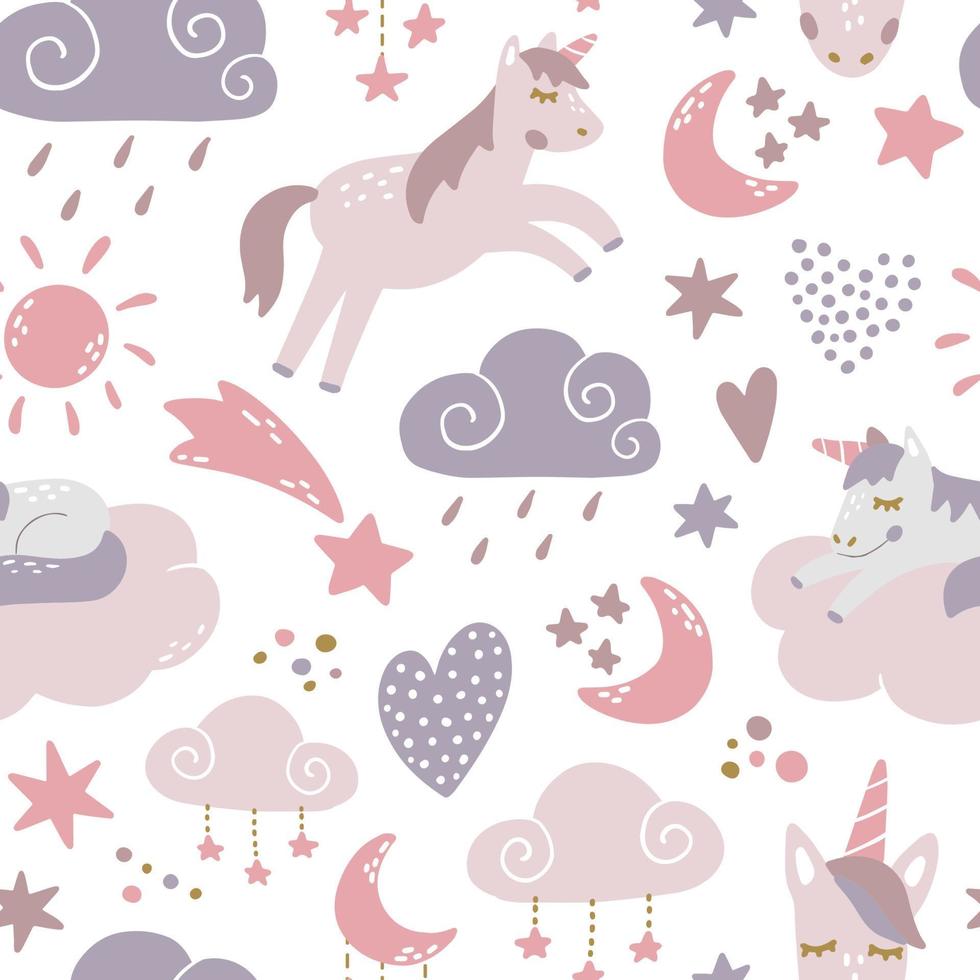 schattig naadloos patroon met eenhoorns, wolken, maan en sterren voor kinderkamertextiel, beddengoed, scrapbooking, kinderkleding, inpakpapier, behang, enz. eps 10 vector