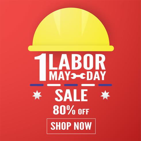 Happy Labor Day op 1 mei van jaren. Sjabloonontwerp voor banner, poster, dekking, advertentie, website. Vector illustratie in papier knippen en ambachtelijke stijl op rode achtergrond.