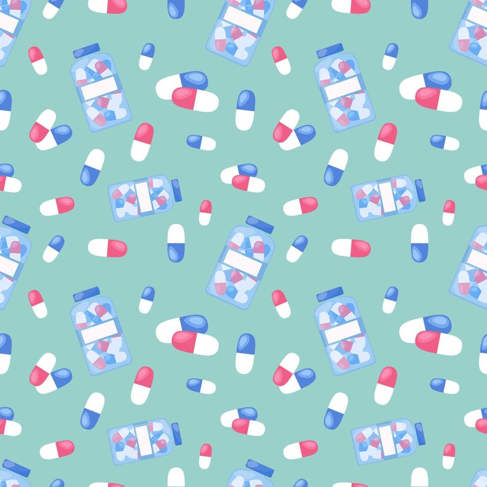 medische pillen naadloze achtergrond. apotheek patroon. kleurrijke pillen, tabletten en capsules. platte vectorillustratie vector