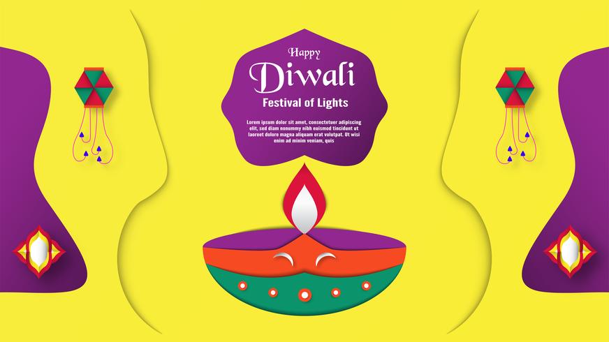 Diwali is festival van lichten van Hindoes voor uitnodigingsachtergrond, Webbanner, reclame. Vector illustratieontwerp in gesneden document en ambachtstijl.