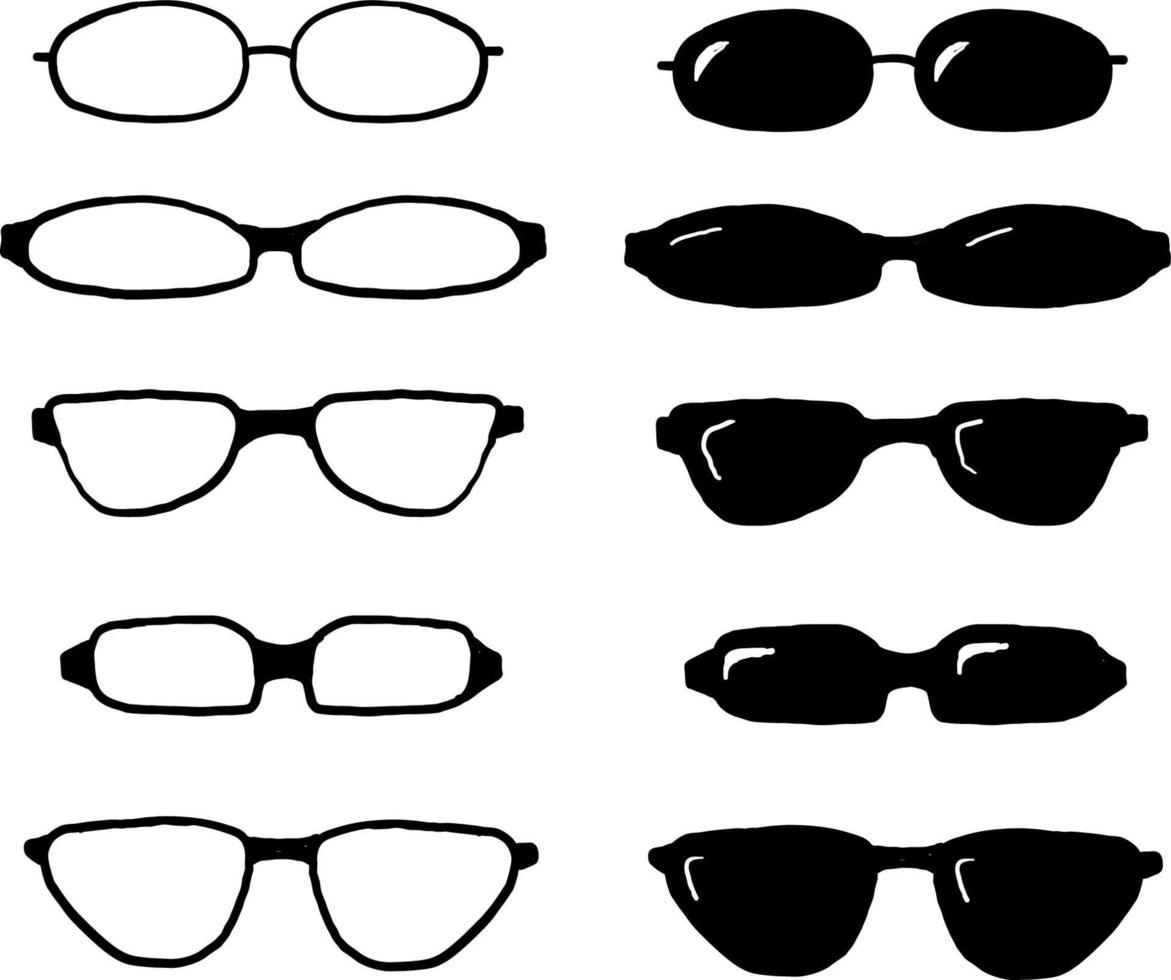 met de hand getekende brillenset, zomerbril tegen zonbescherming. mode bril accessoire. kunststof frame moderne bril. vakantie item.doodle stijl vector