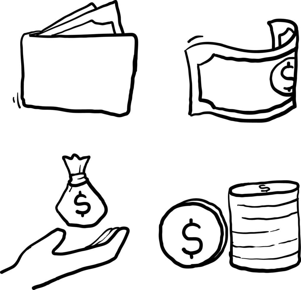 hand getrokken geld, financiën, bancaire schets doodle iconen collectie. geld lijn pictogrammen instellen vectorillustratie. geldzak, munten, creditcard, portemonnee en meer. geïsoleerde achtergrond vector