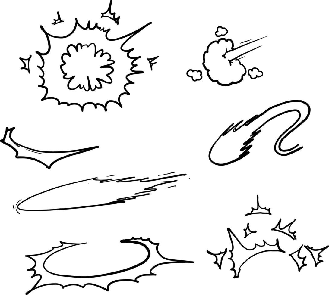 doodle komische energie-explosie. cartoon vlam rook wolk, snelheid hit vfx effect en promo flash blast vector illustratie set handgetekende stijl