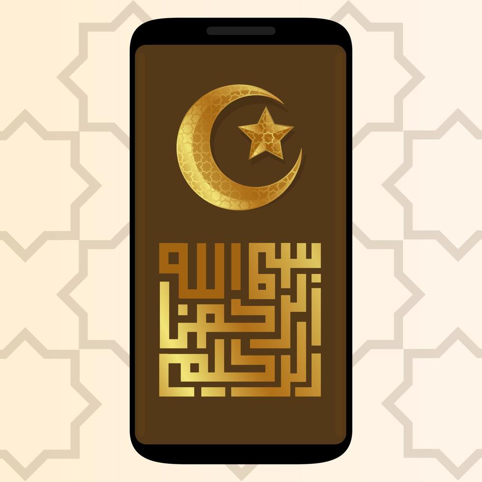 islamitische kalligrafie goud en maansikkel in smartphone mobiele telefoon gadget scherm islam patroon grafische vector