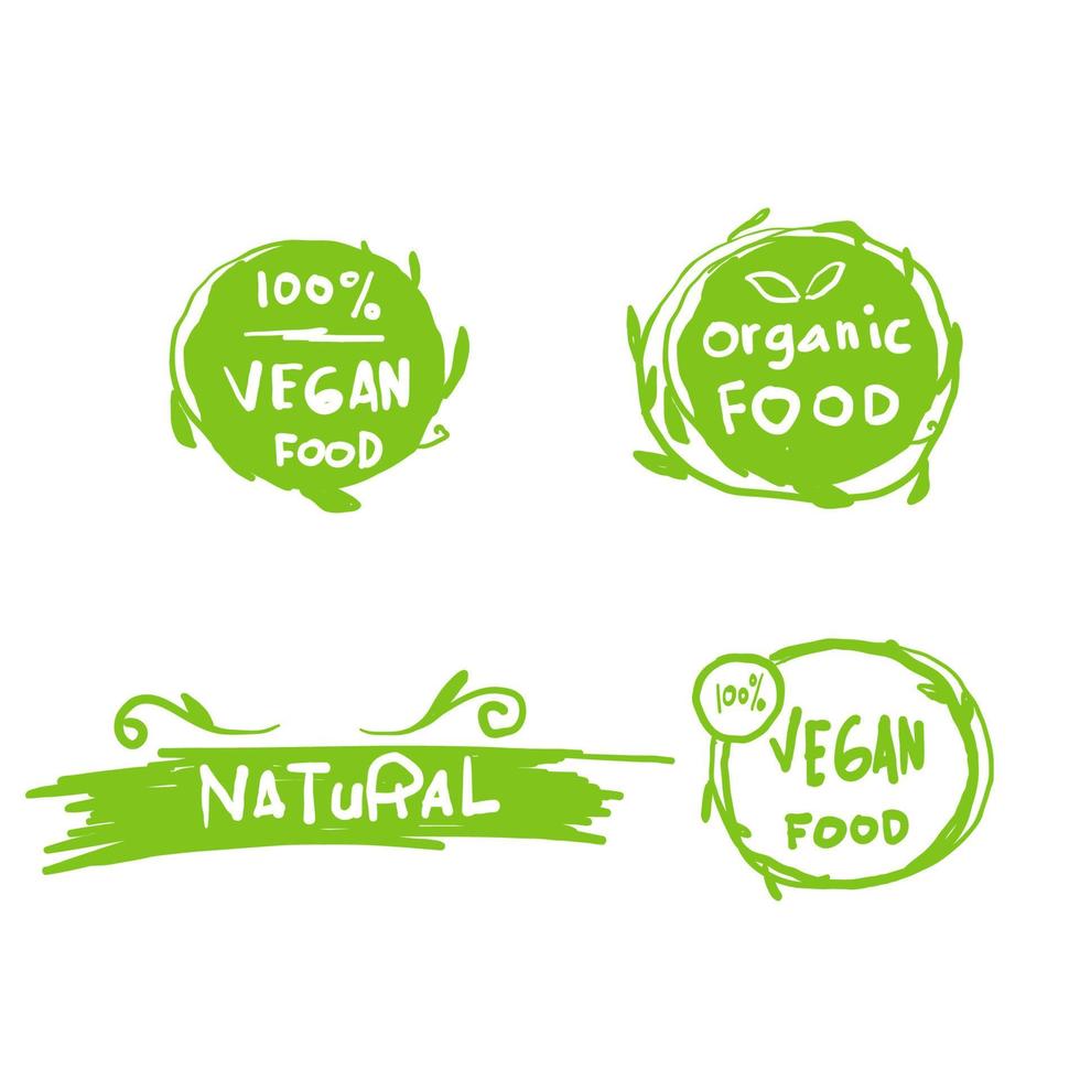 verzameling van veganistisch, eco, bio, biologisch, vers, gezond, 100 procent, natuurlijk voedsel. natuurlijk product. doodle embleem café, badges, tags, verpakking. vectorillustratie. vector