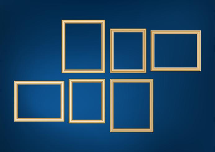 Reeks van decoratief kaderbeeld met gouden grens, Vectorontwerp op blauwe achtergrond met exemplaarruimte in premieconcept. vector