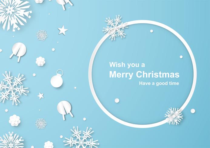 Kerstdecoratie op blauwe achtergrond in papier knippen en ambacht met sneeuwvlok. vector