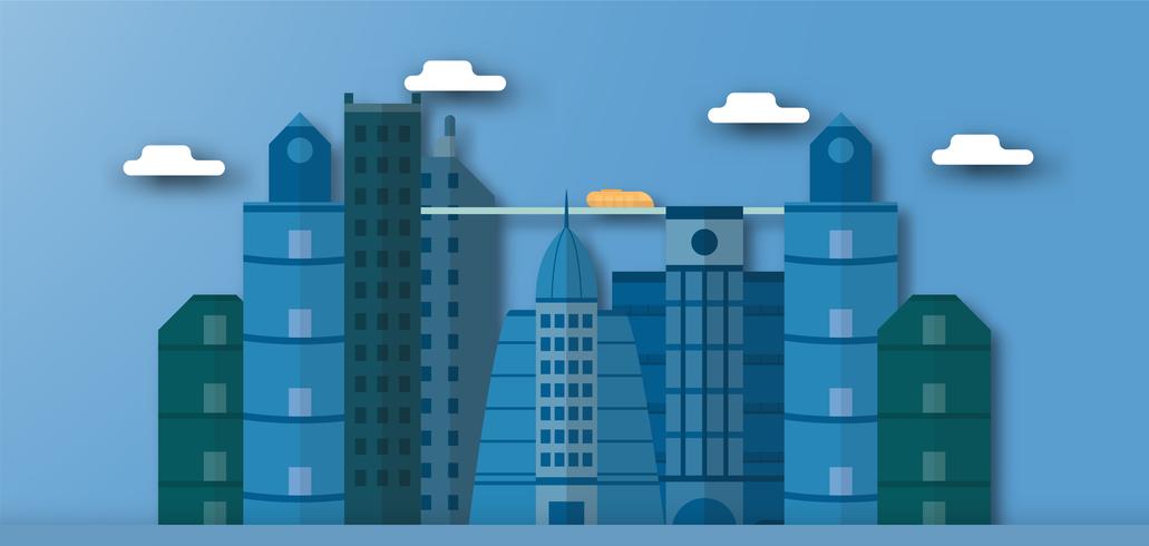 Pop-up ontwerp van stedelijke gebouwen en toekomstige stad met blauwe lucht en wolken. Vectorillustratie met vlakke stad in papierstijl knippen. Trend van mijlpaal voor het centrum van de wereld en het grote land. vector