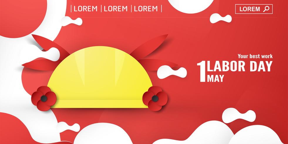 Happy Labor Day op 1 mei van jaren. Sjabloonontwerp voor banner, poster, dekking, advertentie, website. Vector illustratie in papier knippen en ambachtelijke stijl op rode achtergrond.