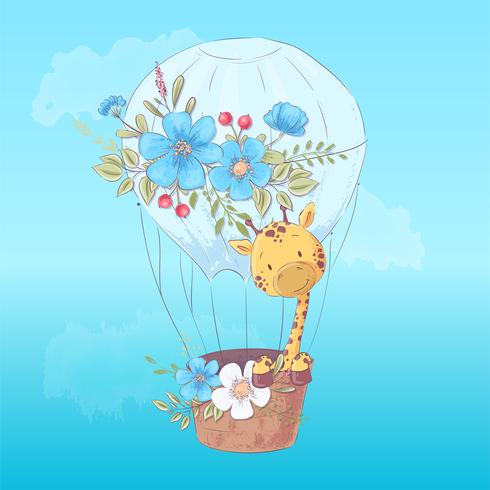 Illustratieprentbriefkaar of amulet voor een kinderkamer - leuke giraf in een ballon, vectorillustratie in beeldverhaalstijl vector