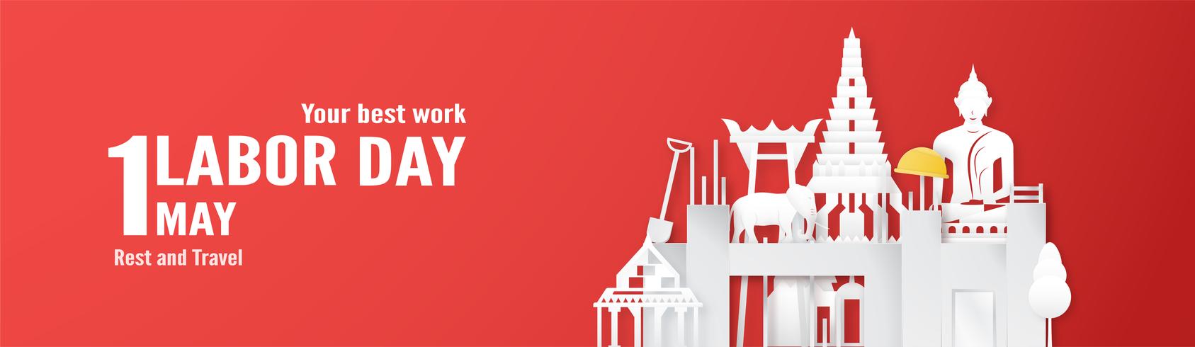 Happy Labor Day op 1 mei van jaren. Sjabloonontwerp voor banner, poster, dekking, advertentie, website. Vector illustratie in papier knippen en ambachtelijke stijl op rode achtergrond.