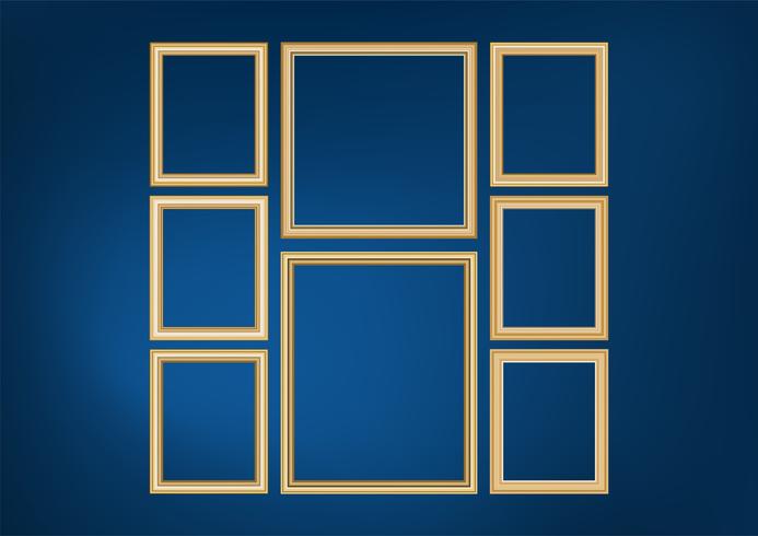 Reeks van decoratief kaderbeeld met gouden grens, Vectorontwerp op blauwe achtergrond met exemplaarruimte in premieconcept. vector