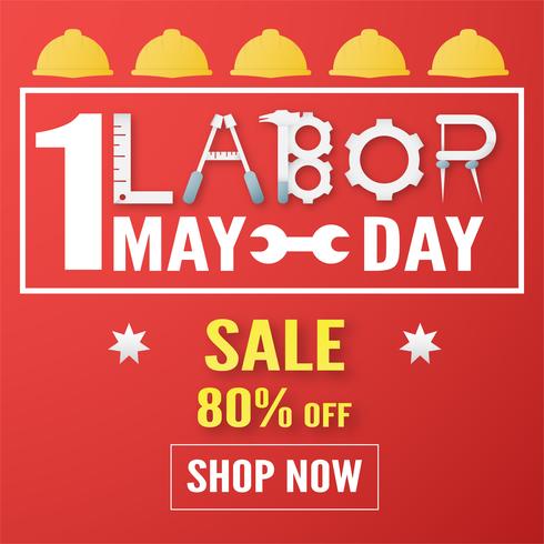 Happy Labor Day op 1 mei van jaren. Sjabloonontwerp voor banner, poster, dekking, advertentie, website. Vector illustratie in papier knippen en ambachtelijke stijl op rode achtergrond.