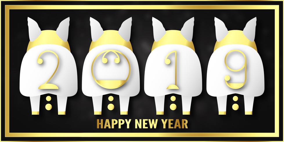Vectorillustratie voor Gelukkig nieuw jaar 2019. Het is het jaar van het varken. Abstracte sjabloon met gouden ontwerp voor de ceremonie het einde van het jaar. vector