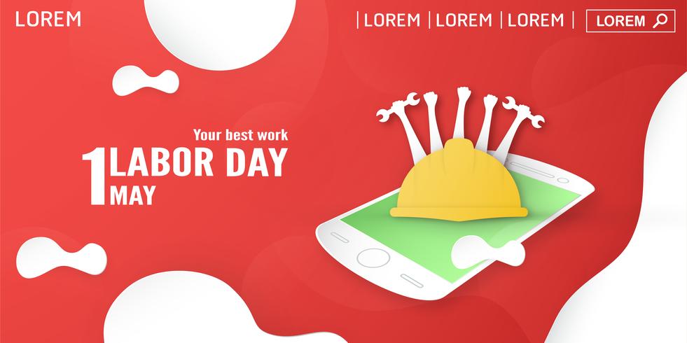 Happy Labor Day op 1 mei van jaren. Sjabloonontwerp voor banner, poster, dekking, advertentie, website. Vector illustratie in papier knippen en ambachtelijke stijl op rode achtergrond.