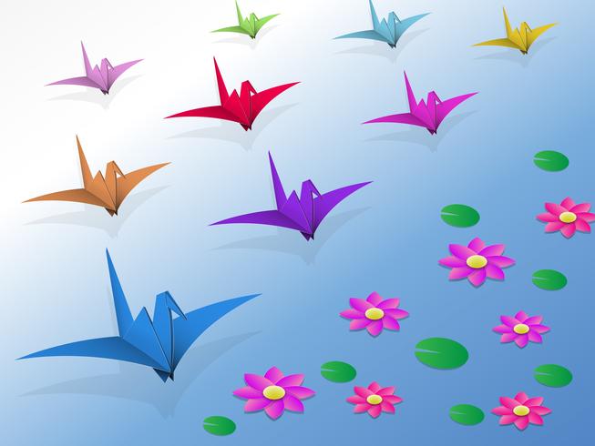 Origami Vogels vliegen over het water en de lotus vector