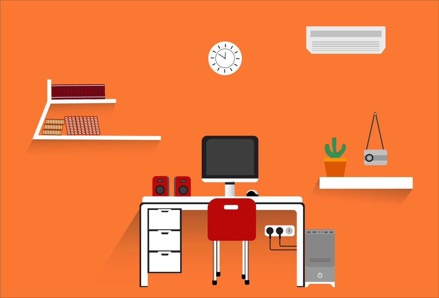vectorillustratie werkplek, wandplank, computer, boek, klok en bloemenvaas met oranje muur vector