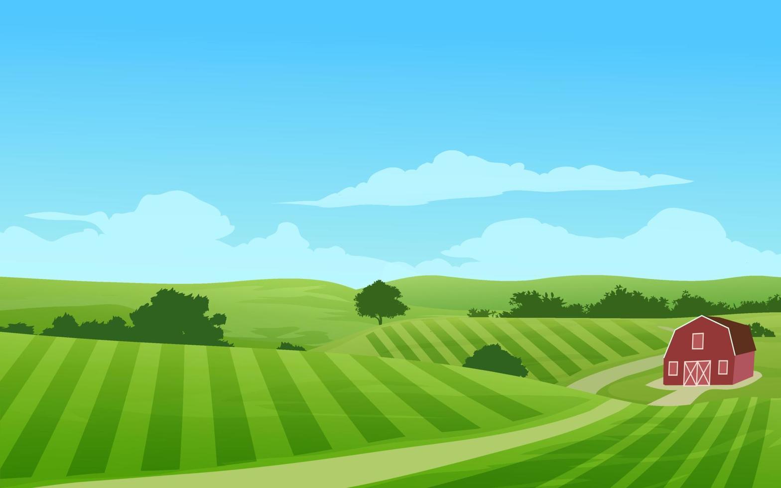 platteland landbouwgrond landschap met schuur en pad vector
