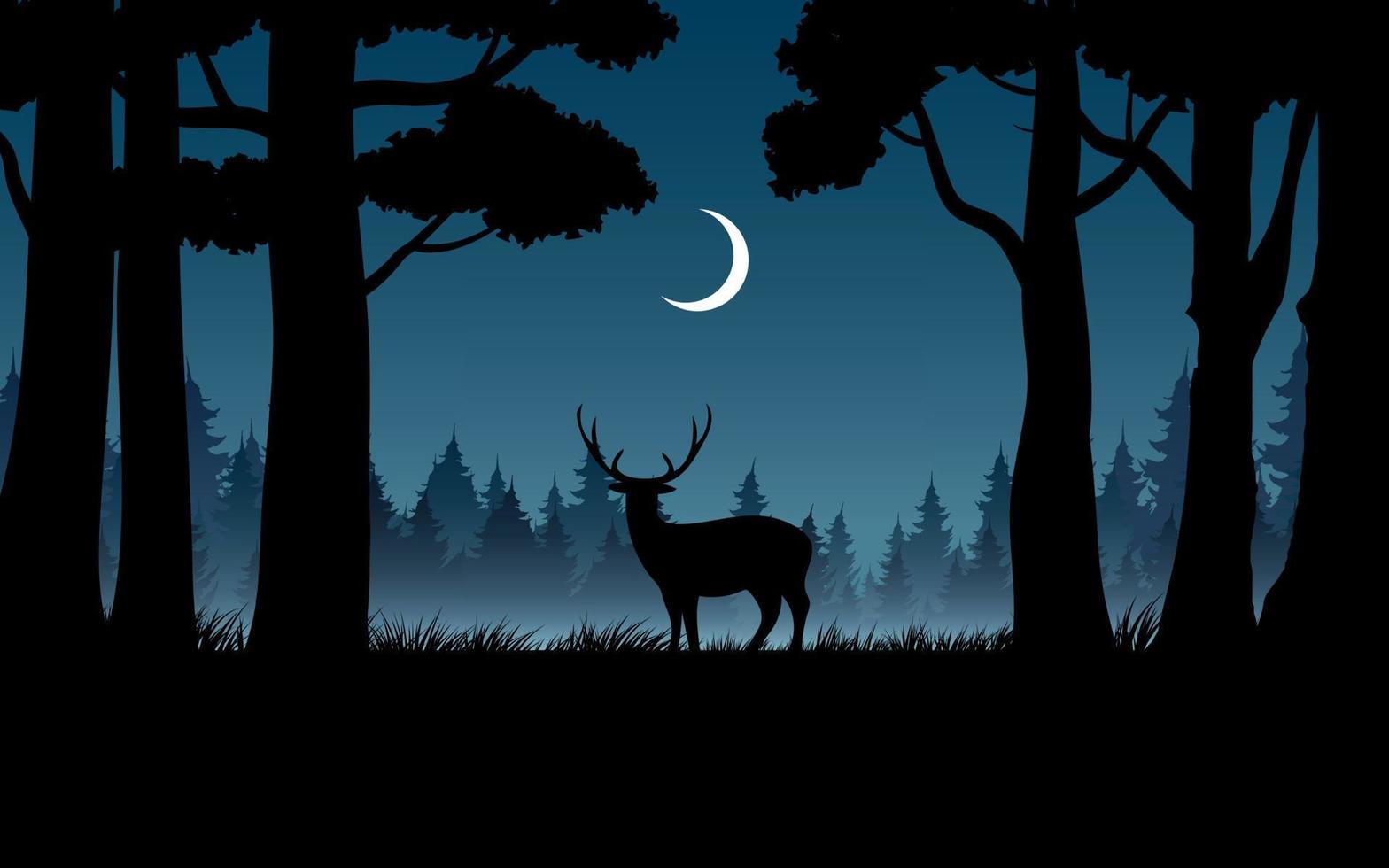 heldere mistige nacht in bos met herten en halve maan vector
