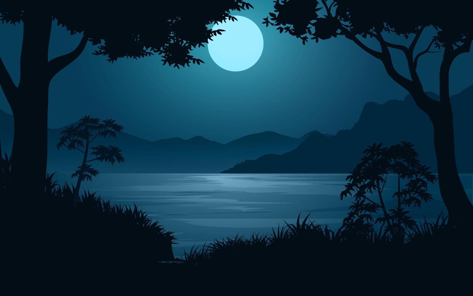 nacht aan het meer met maanlichtlandschap in vlakke stijl vector