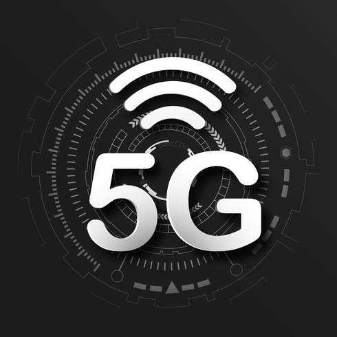 5G cellulaire mobiele communicatie zwarte embleemachtergrond met de overdracht van de globale netwerklijnverbinding. Digitaal transformatie- en technologieconcept. Enorme toekomstige apparaatverbinding met supersnel internet vector