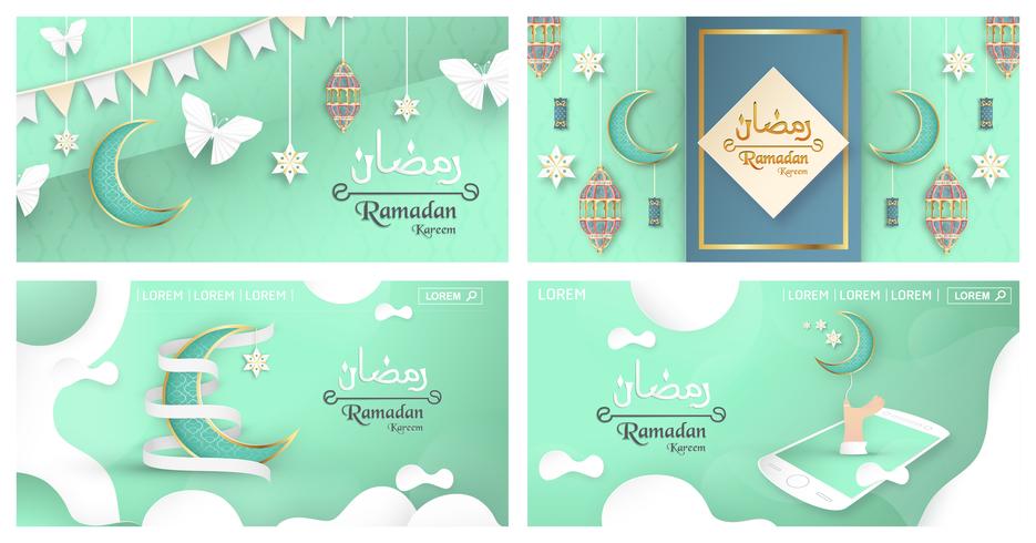 Sjabloon voor Ramadan Kareem met groene en gouden kleur. 3D Vectorillustratieontwerp in document en ambacht voor Islamitische groetkaart, uitnodiging, boekdekking, brochure, Webbanner, reclame die wordt gesneden. vector