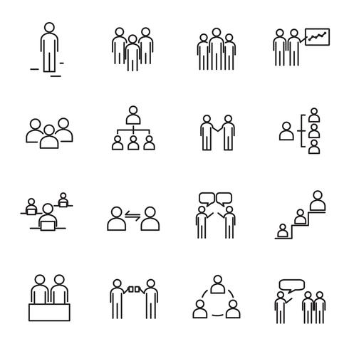 Werkende mensen en Organisatie dunne lijn icon set vector. Teken en symbool concept. Lifestyle in office-thema. Witte geïsoleerde achtergrond. Illustratie vector. vector