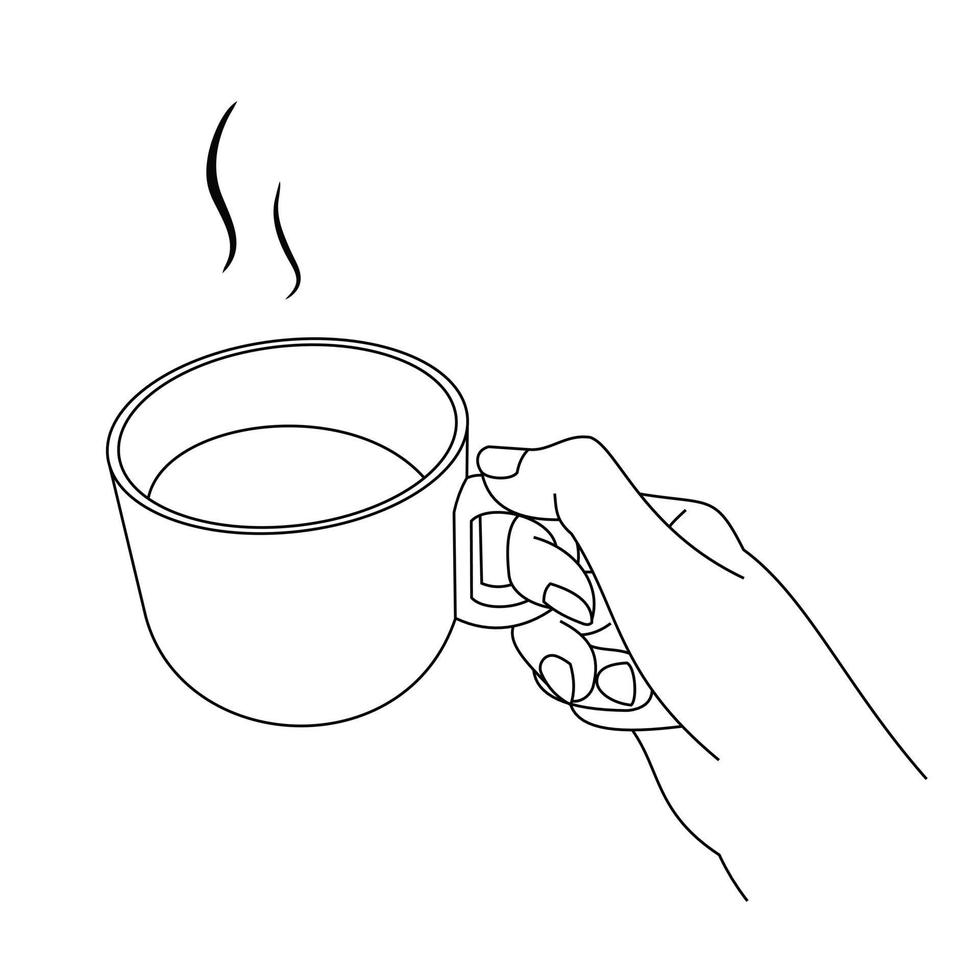 illustratie lijntekening een handen met een vers kopje koffie of thee warm. kopje Italiaanse of americano koffie espresso. ontbijtconcept of vintage. fijne dag. geïsoleerd op witte achtergrond vector