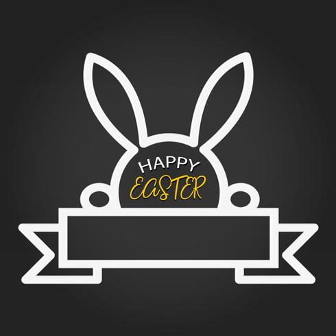 Happy Easter-sjabloon met lege ruimte lint en konijn op donkere achtergrond. Vector illustratie. Ontwerplay-out voor uitnodigingskaart, wenskaart, spandoekaffiche en cadeaubon. Zwart schoolbord