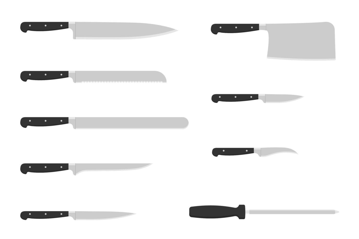 set van diverse keukenmessen met zwart handvat. keukengerei in vlakke stijl. vector