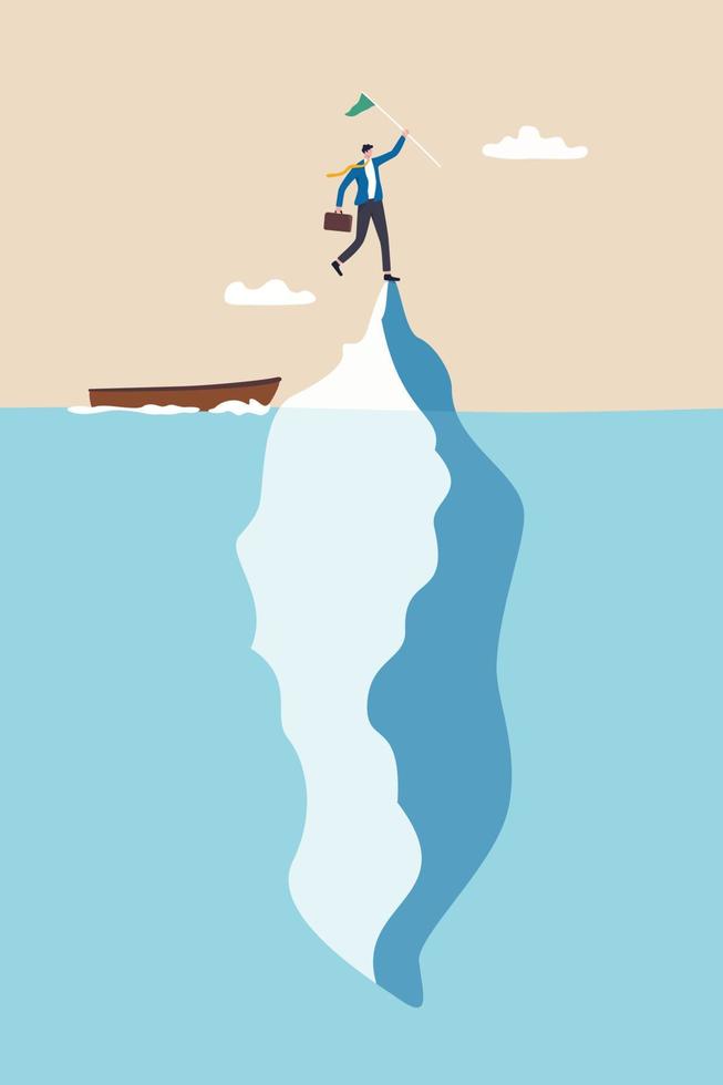 succes ijsberg, alleen succesverhaal verschijnt of zichtbaar, risico of mislukking verborgen onder water, prestatie of leiderschapsconcept, succes zakenman met vlag op het hoogtepunt van de ijsberg boven verborgen gevaar. vector