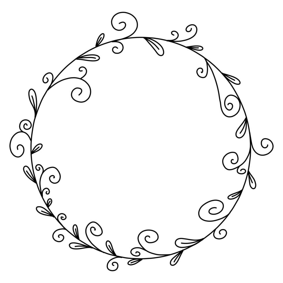 vector bloemen frame in zwarte lineart stijl illustratie. ronde mooie decoratie met bladeren voor uitnodigingen, wenskaarten, bruiloft