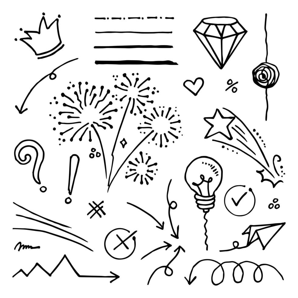 doodle vector set illustratie met hand loting lijn kunst stijl vector. kroon, koning, zon, pijl, hart, liefde, ster, werveling, swoops, nadruk, voor conceptontwerp