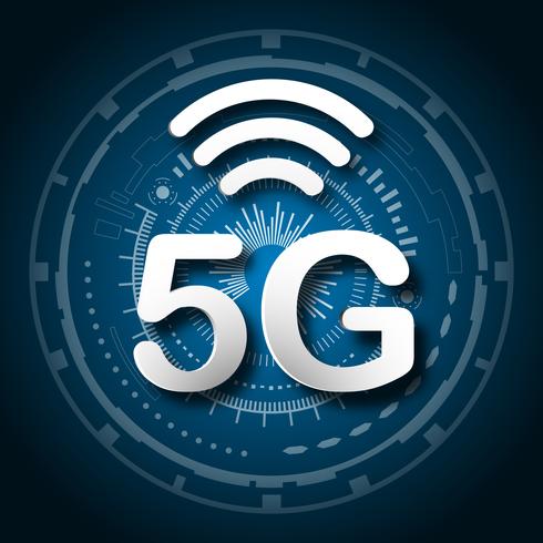 5G cellulaire mobiele communicatie blauwe embleemachtergrond met de overdracht van de de lijnverbinding van het globale netwerk. Digitaal transformatie- en technologieconcept. Enorme toekomstige apparaatverbinding met supersnel internet vector