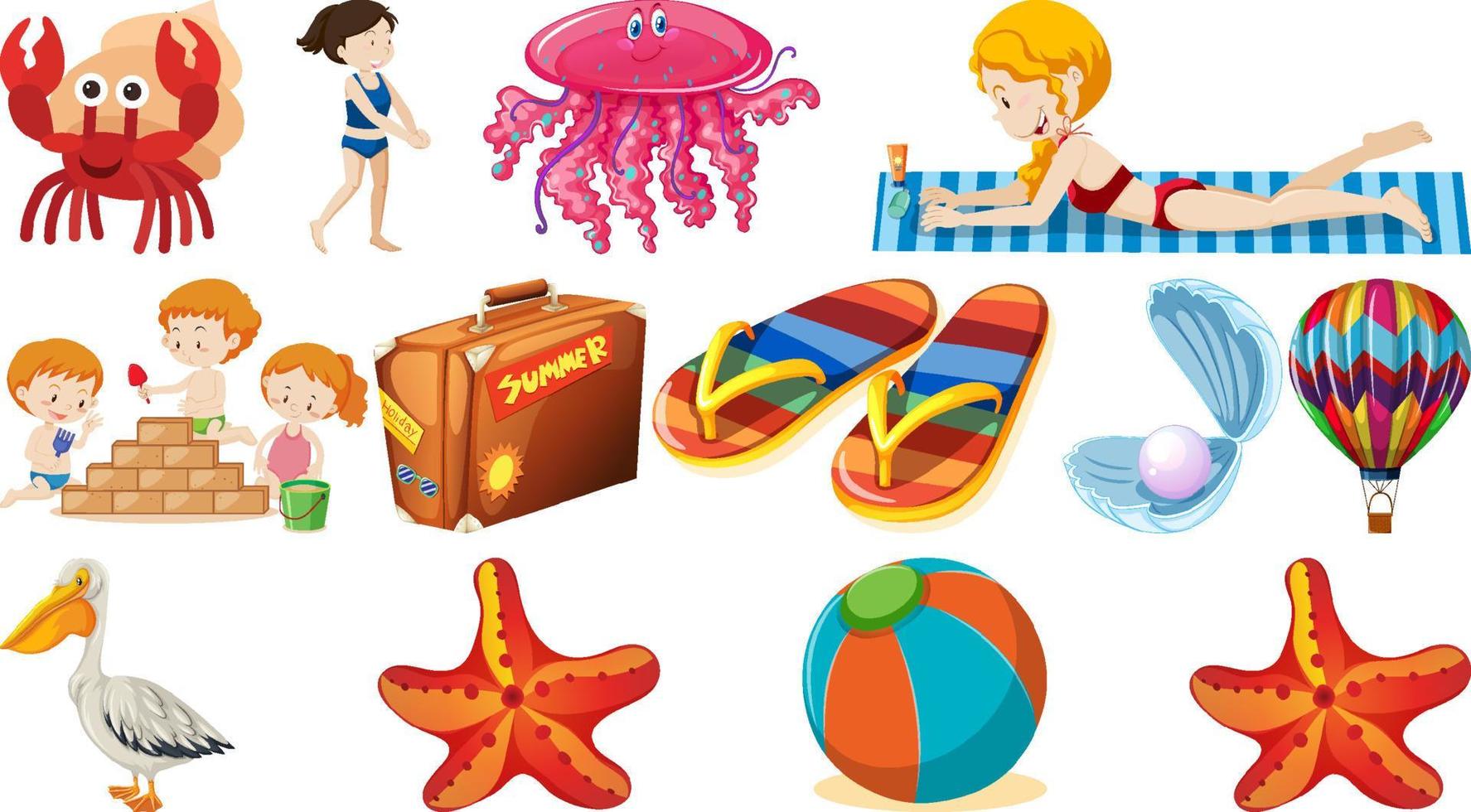 set zomerstrandobjecten en stripfiguren vector