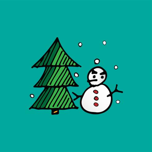 Kerstmissneeuwman en Xmas tree doodle vector. Vakantie en festival concept. Vrolijk kerstfeest en een gelukkig nieuwjaarsthema vector