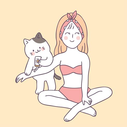 Vrouw van de beeldverhaal de leuke zomer en kattenvector. vector