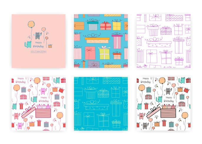 Set van naadloze patroon met schattige kat en geschenkdoos. Achtergrondillustraties voor cadeaupapierontwerp. vector