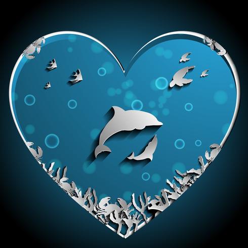 Liefdevol van dolfijnen onder de zee papercut vector, kunstwerk. Natuur en oceaan concept. Dolfijn en dierenthema. vector