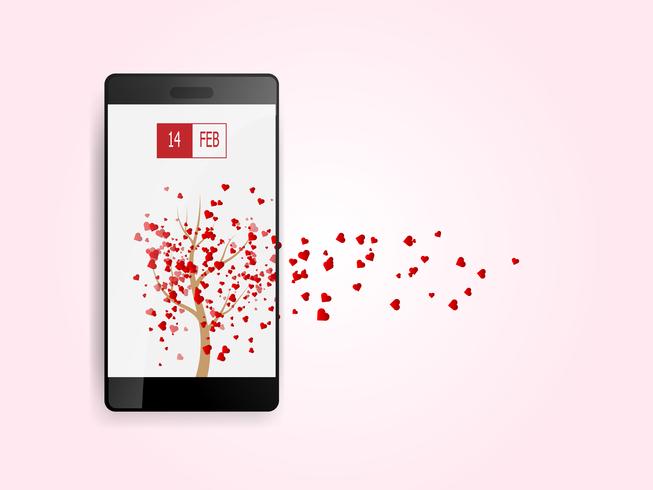 Happy Valentijnsdag harten vliegen van boom op smartphone vector