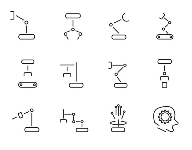 Robotarm pictogrammenset vector. Teken en symbool concept. Technologie en engineering concept. Dunne lijn pictogramthema. Witte geïsoleerde achtergrond. Illustratie vector. vector