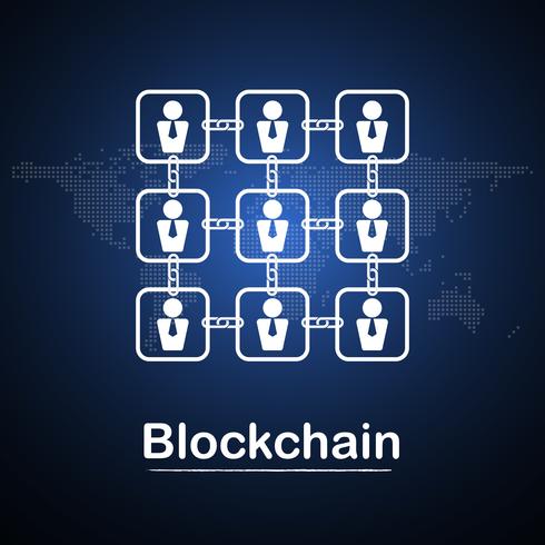 Blockchain technologie zakenman fintech cryptocurrency blok keten bedrijf server abstracte achtergrond. Gekoppeld blok bevat cryptografiehash en transactiegegevens. Nieuwe futuristische systeemtechnologie vector